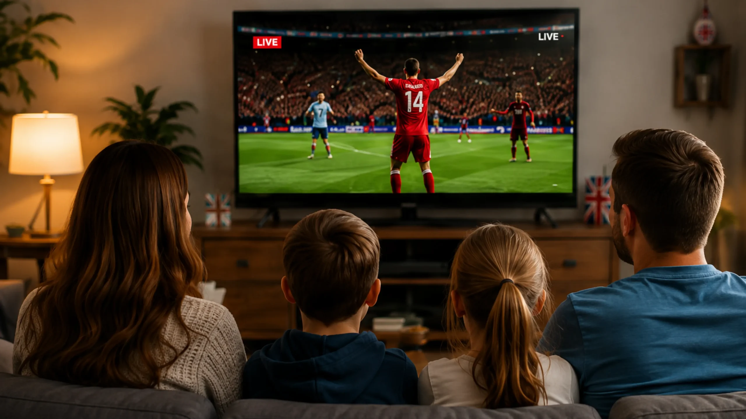 Family watching live football in 4K on a Smart TV with IPTV UK Plus